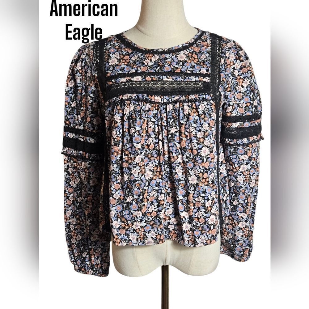 American Eagle Black Floral and Crochet Peasant Top